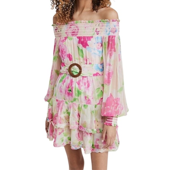 Rococo Sand Alora Mini Dress Multi Pink Floral Chiffon Off Shoulder NWT - Picture 1 of 7
